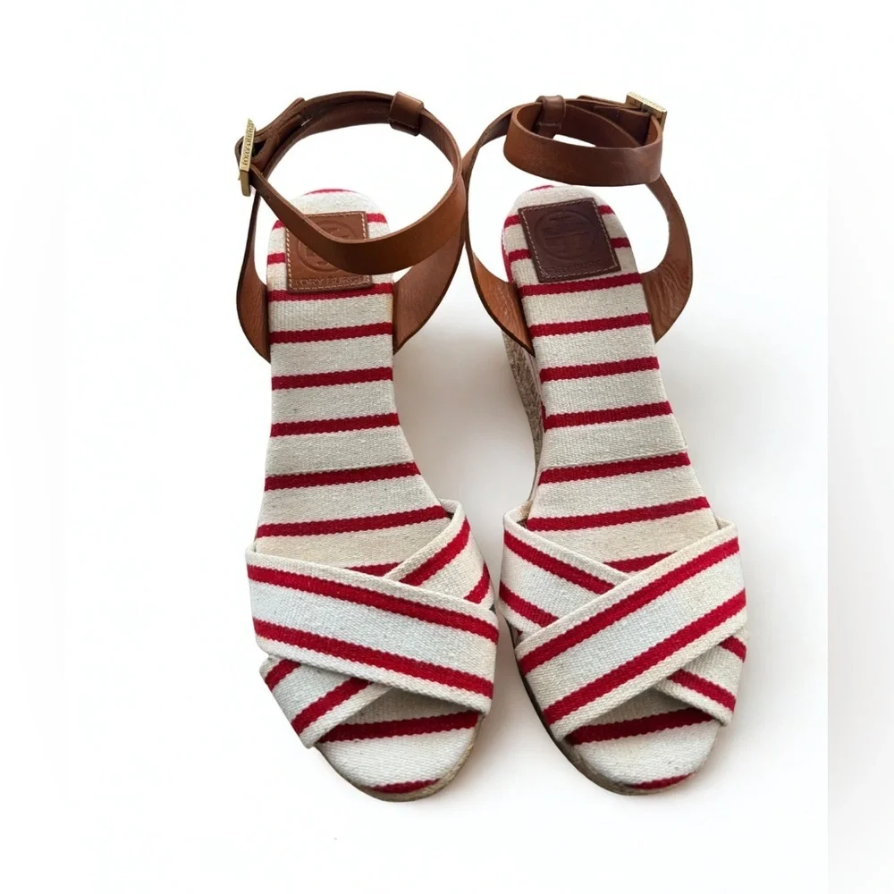Pre❤️ TORY BURCH Striped Canvas Espadrille Wedge Sandals - Size 10